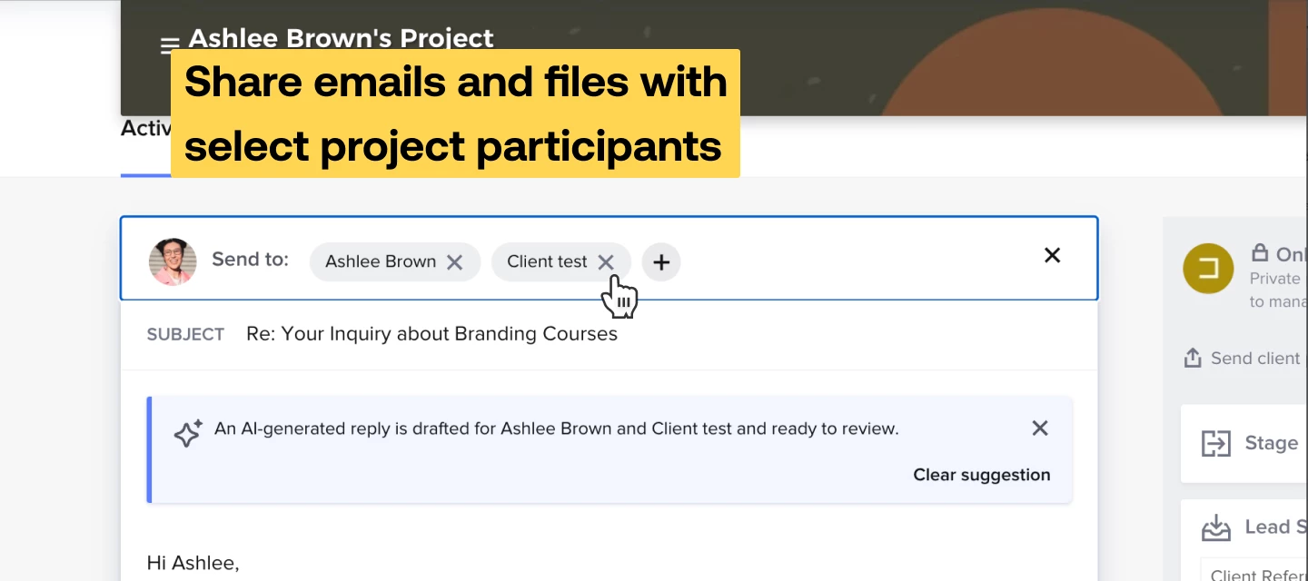 HoneyBook selective communication feature graphic showing file and email sharing with specific project participants