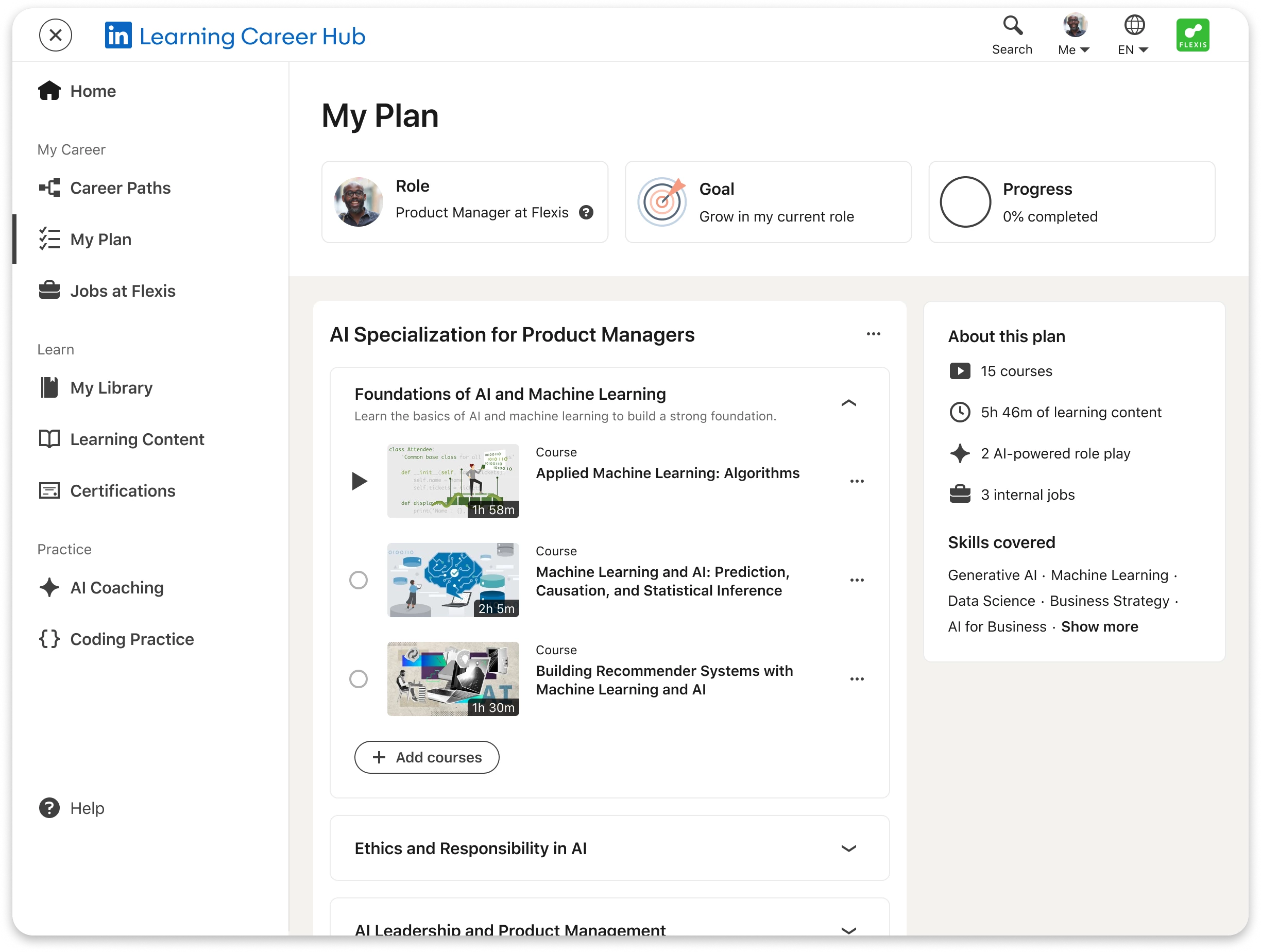 Career Plans recommend courses view
