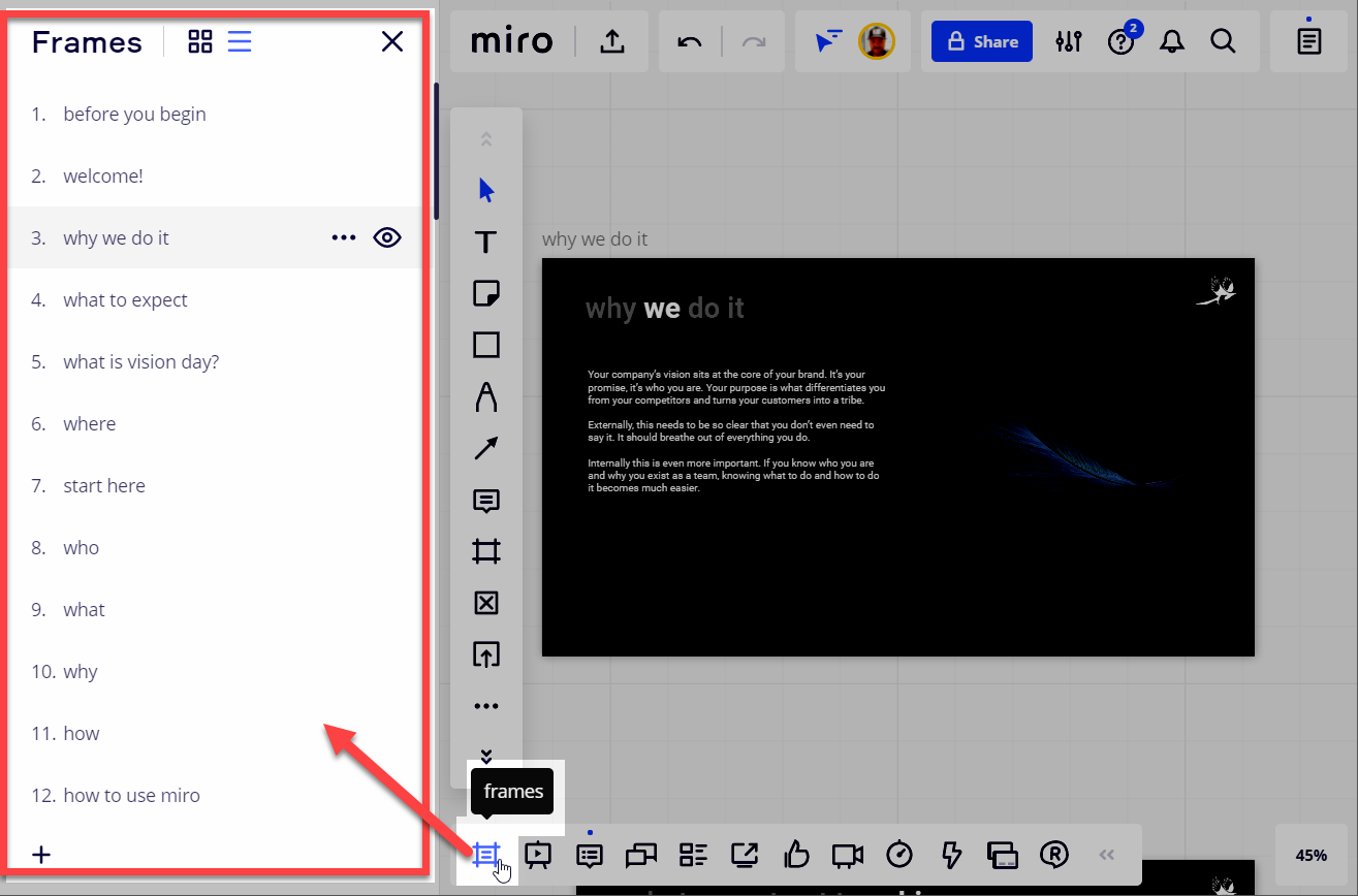 how to use presentation mode in miro