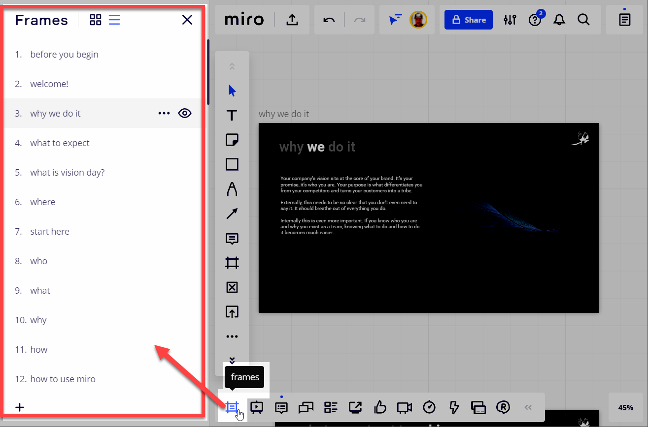 Order of Frames in Presentation Mode Miro