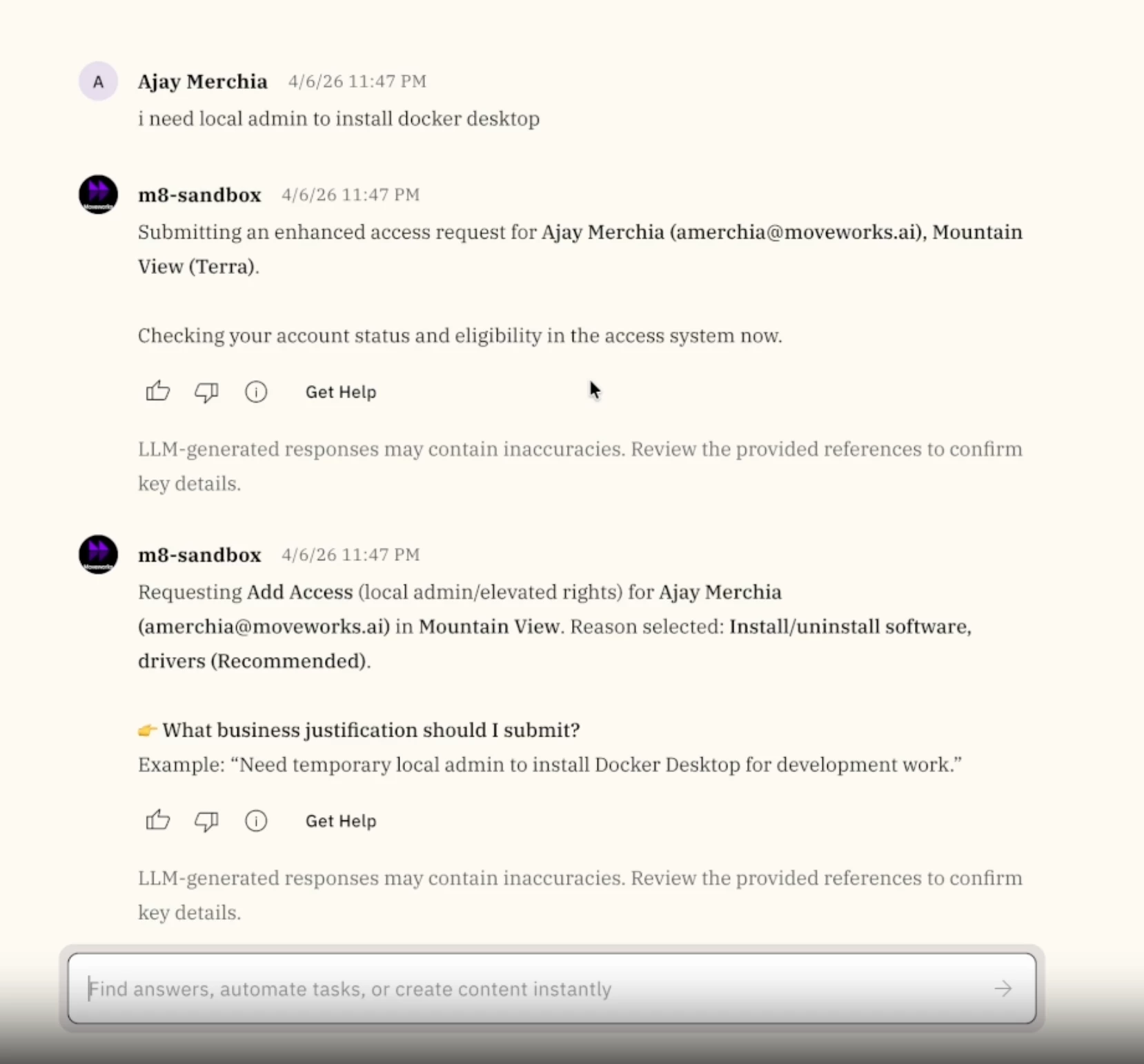 Example: Employee requests local admin access conversationally. The AI auto-fills known fields, checks eligibility, and suggests a business justification.