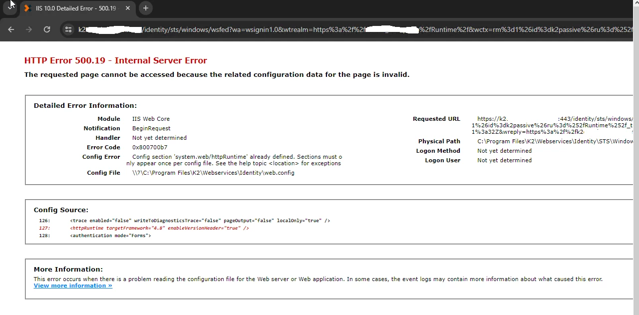 After K2 Reconfigure the WindowsSTS site throw error HTTP Error 500.19