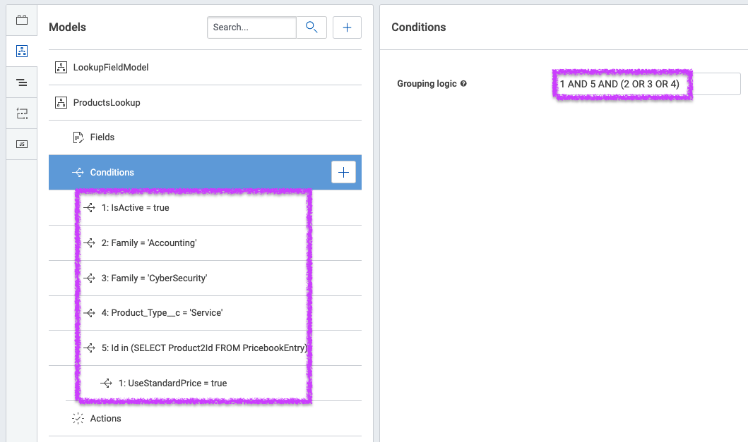 Screenshot: model with multiple conditions and grouping logic