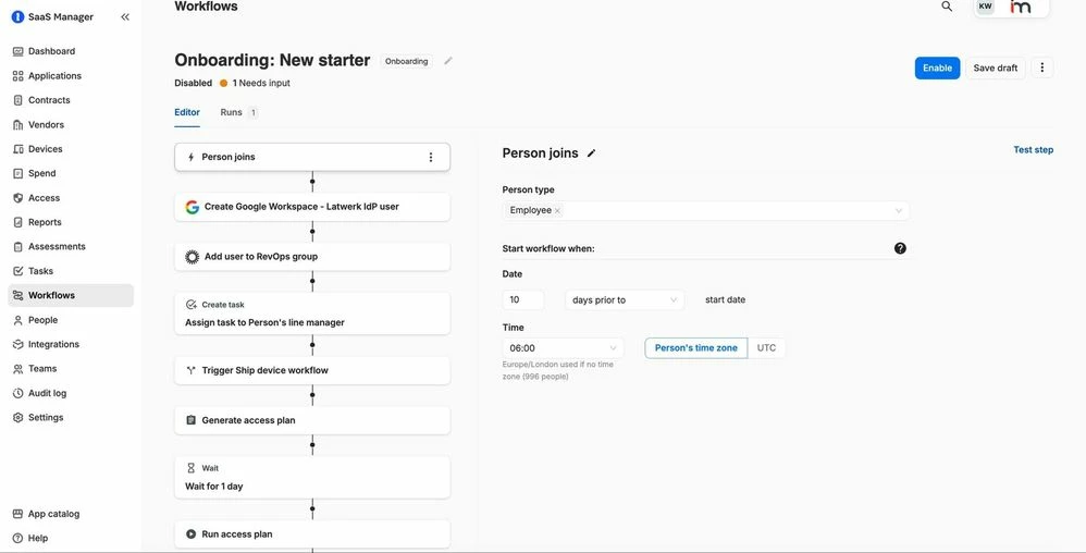 Dashboard showing a new employee workflow