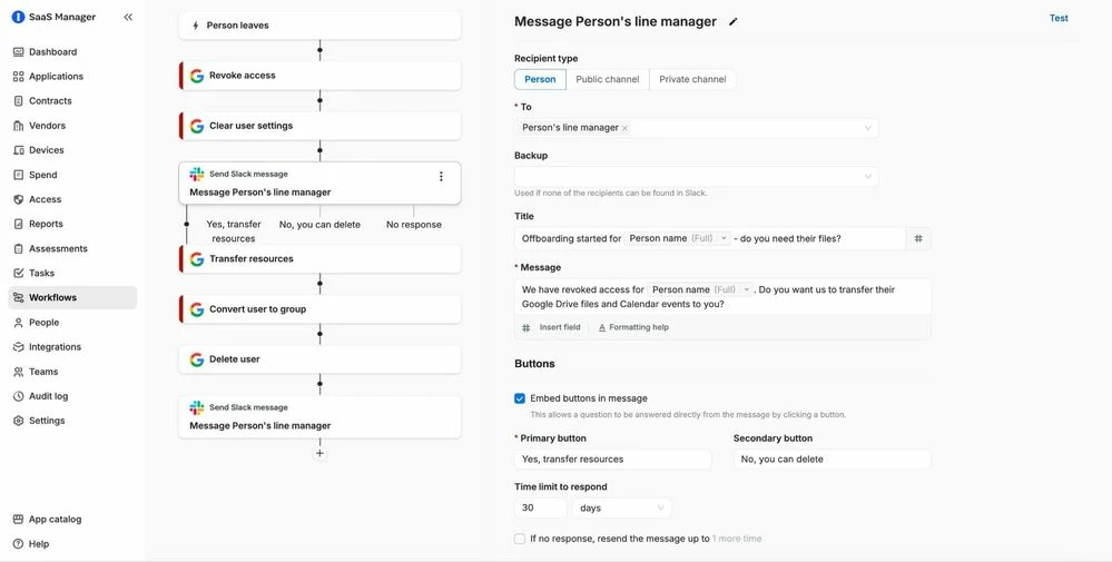 Offboarding workflow with Slack integration to notify line manager