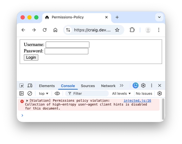 Screenshot showing the permission policy error message