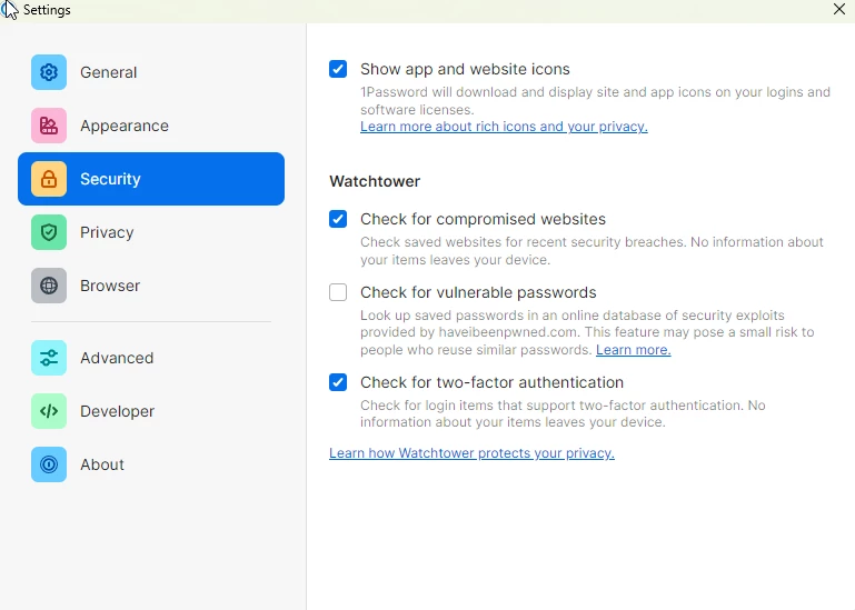 Security tab in the 1Password desktop application is empty (no settings ...