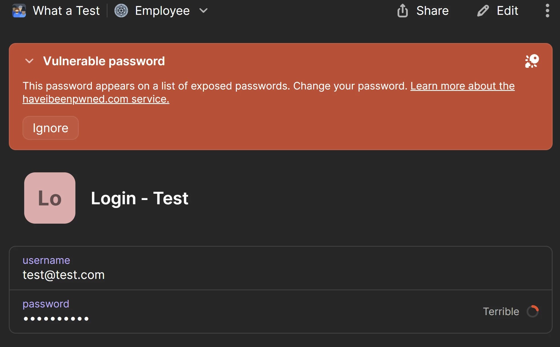 A login item displayed in the 1Password desktop app. A "Vulnerable password" banner is present at the top of the item, and the password strength is marked as "Terrible".