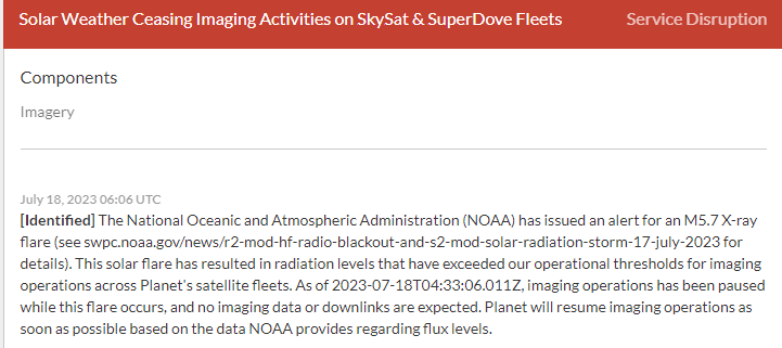 Solar Weather Ceasing Imaging Activities on SkySat & SuperDove Fleets