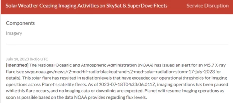 Solar Weather Ceasing Imaging Activities on SkySat & SuperDove Fleets