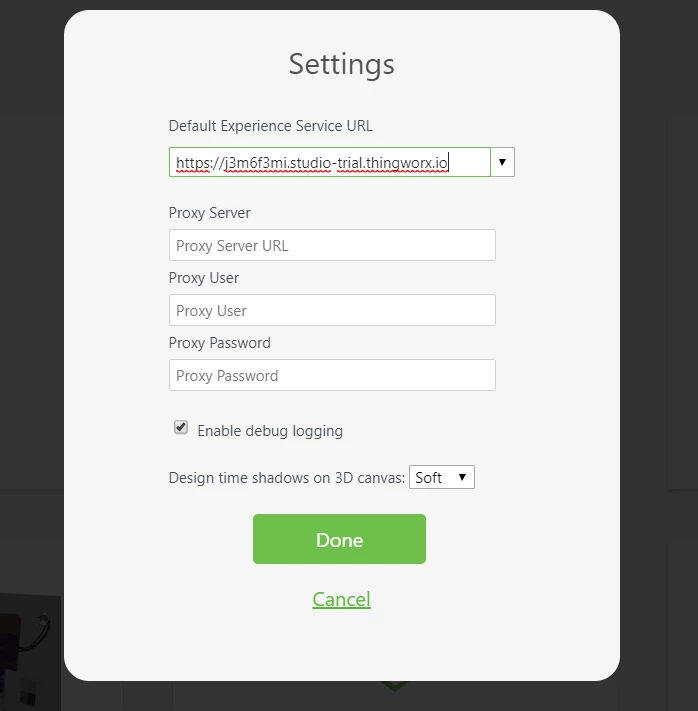 Settings dialog with proxy URL/User/Password