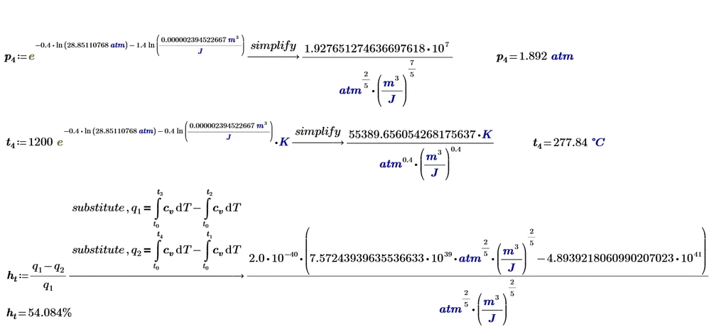 Рис. 29.10. Окончание гибридного расчета цикла Отто в среде Mathcad