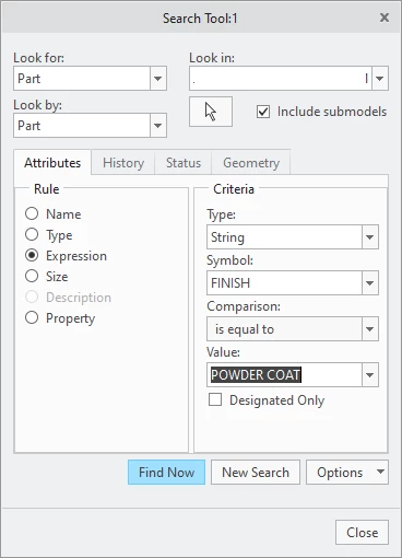 Creo Find Parts by Parameters.png