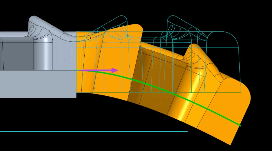 Spinal Bend follows the curve perpendicular to the curve.