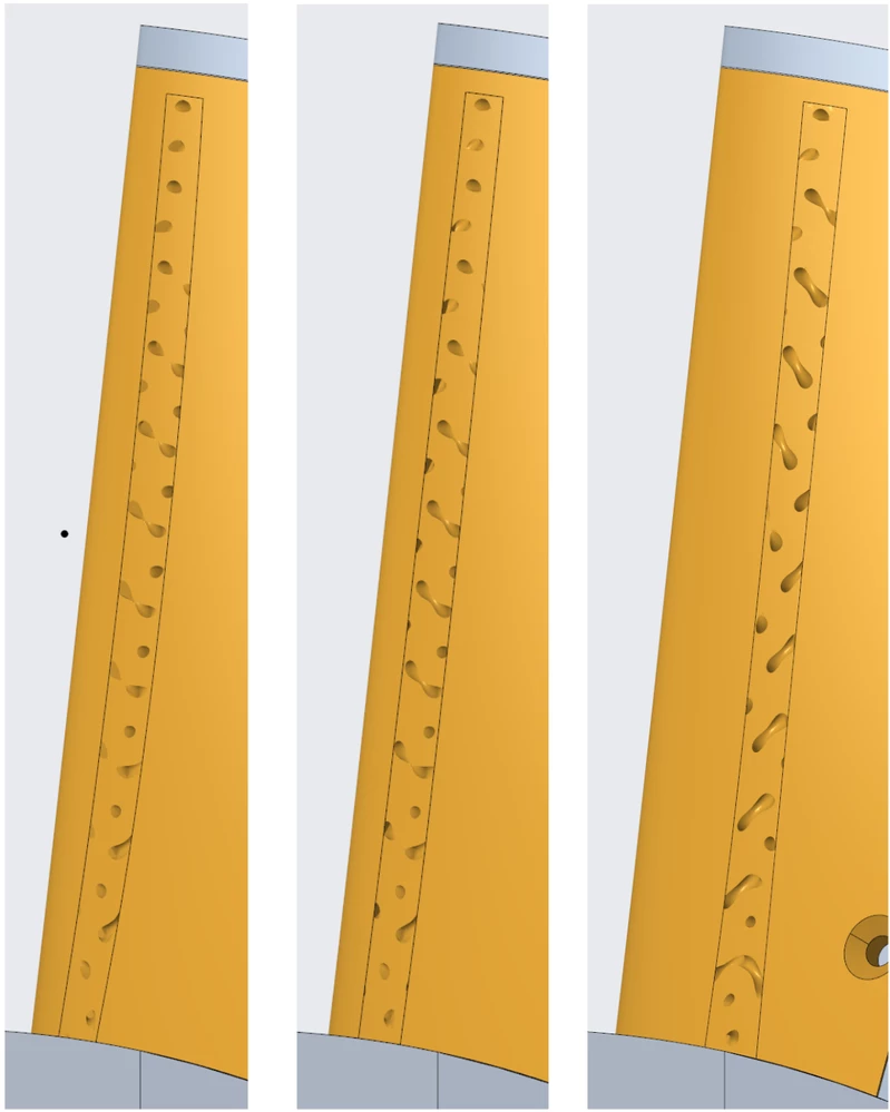 Different versions of slots going trough the part