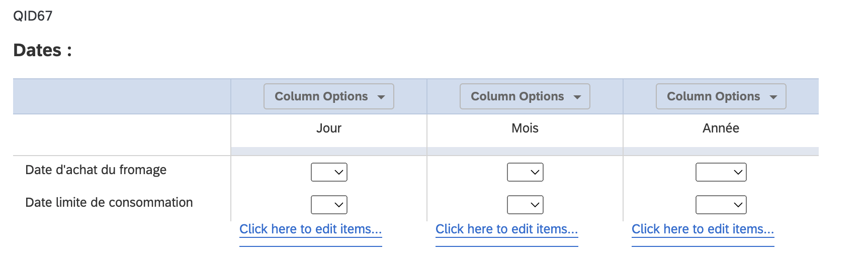 How to get each elements of a dropdown question with jQuery XM