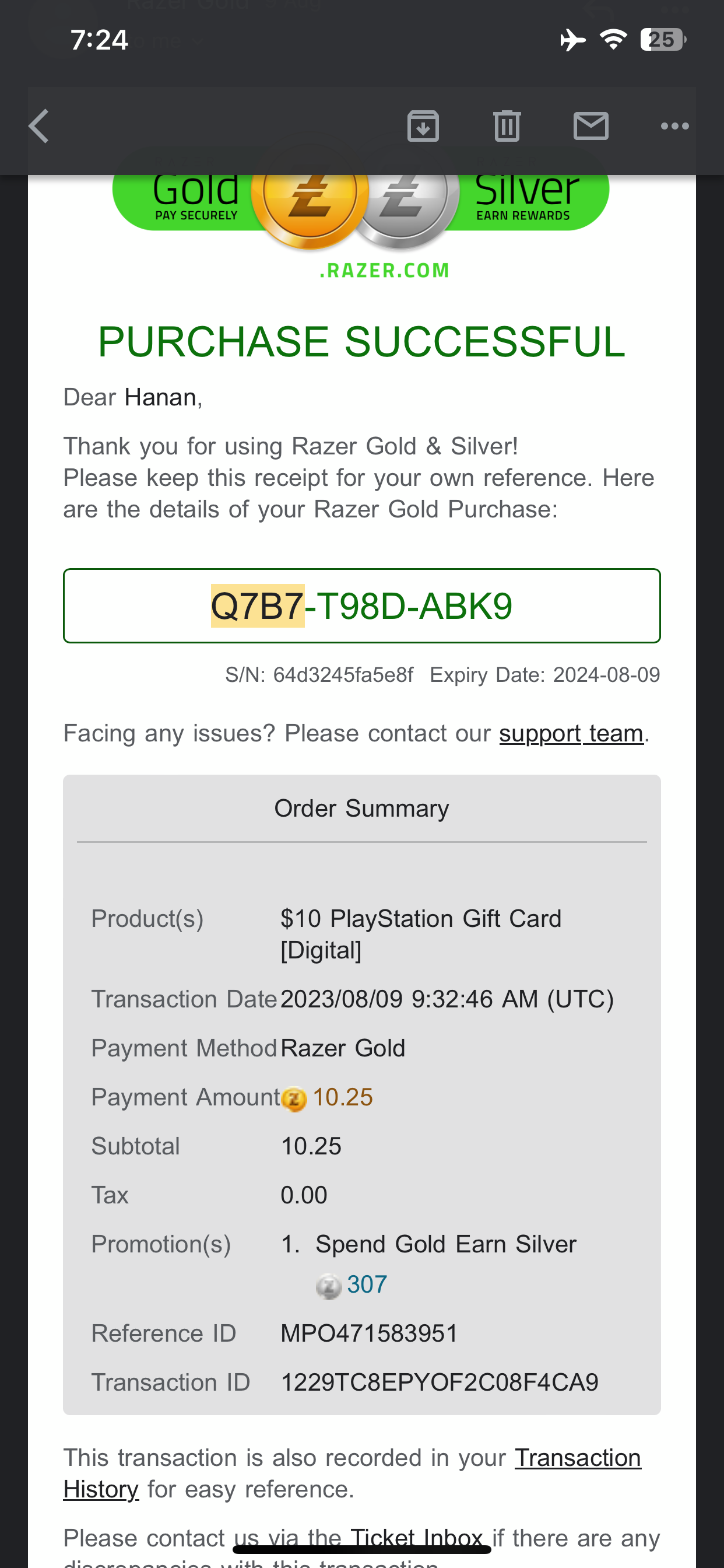 Razer Gold Card says its already used