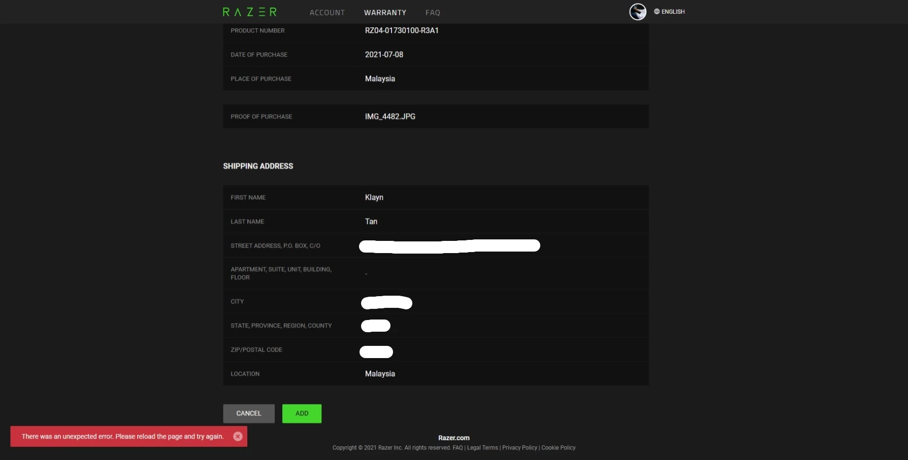 Warranty Registration Error Razer Insider
