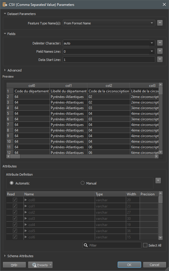 CSV Parameters