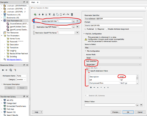 User parameters setup in FME Workbench