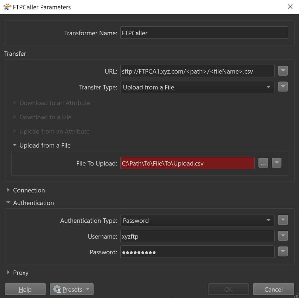 Example FTPCaller settings for uploading file using SFTP and password authentication