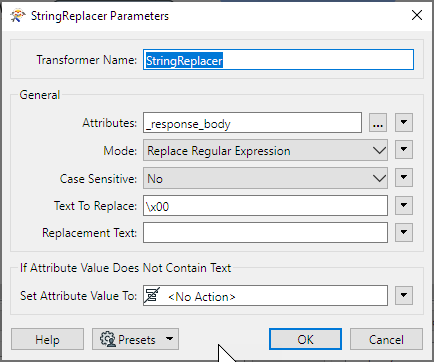 StringReplacer configuration: Replace Regular Expression mode, \\x00 as Text to Replace, and Replacement Text as empty string