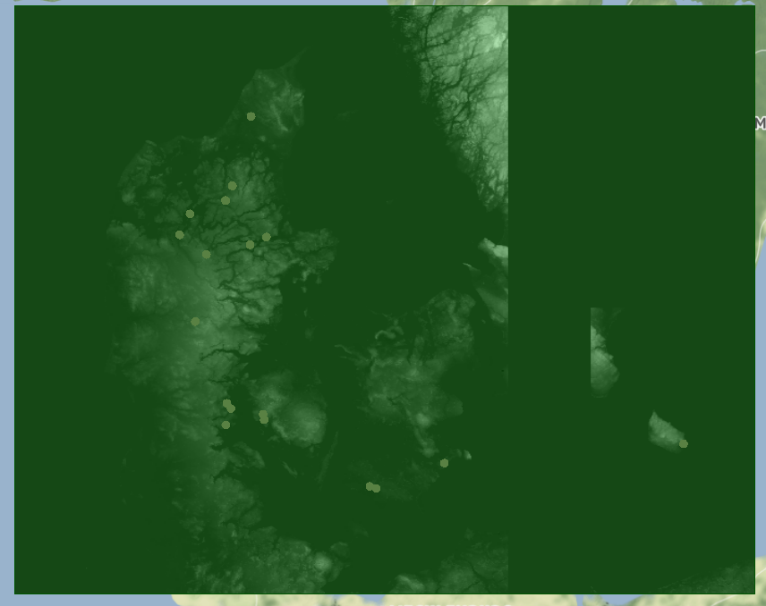 points on top of raster files, green area indicating bounding box of raster files