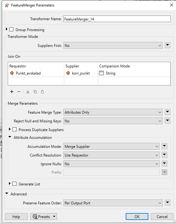 FeatureMerger parameters