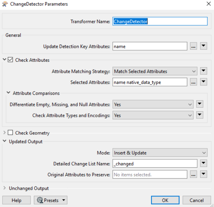 ChangeDetector on name and datatype