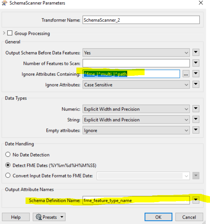 schema scanner settings