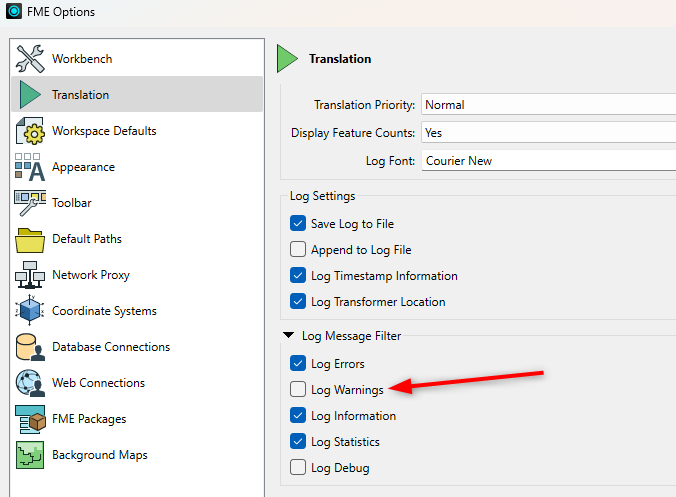 log filter message options