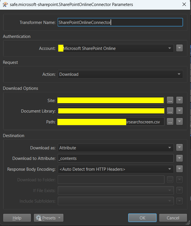 SharePointOnlineConnector configuration loading CSV from SharePoint Online