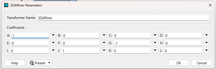 3DAffiner transformers with the settings A= 1, B= 0, C= 0, D= 0, E= 0, F= 0, G= -1, H= 0, I= 0, J= 1, K= 0, L= 0