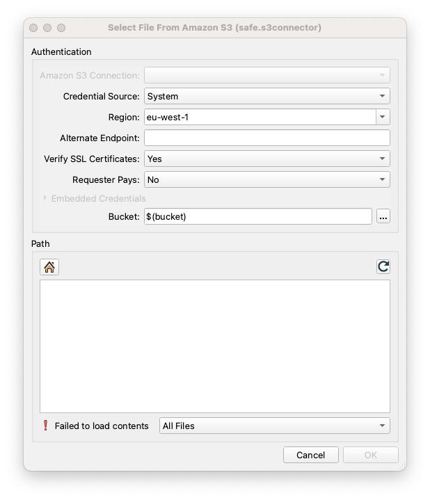 Select file from Amazon S3 dialog