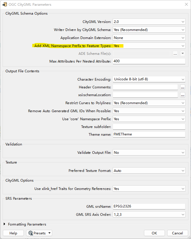 CityGML Writer Parameters