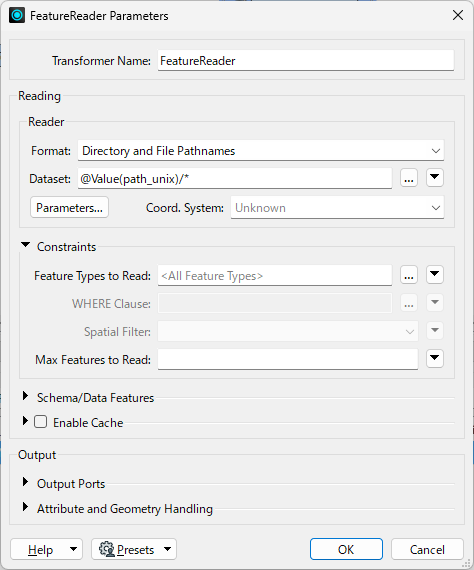 featurereader-paremeters