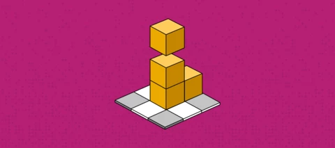 Stacking yellow blocks on a fuchsia background representing Quoter's Content Blocks 