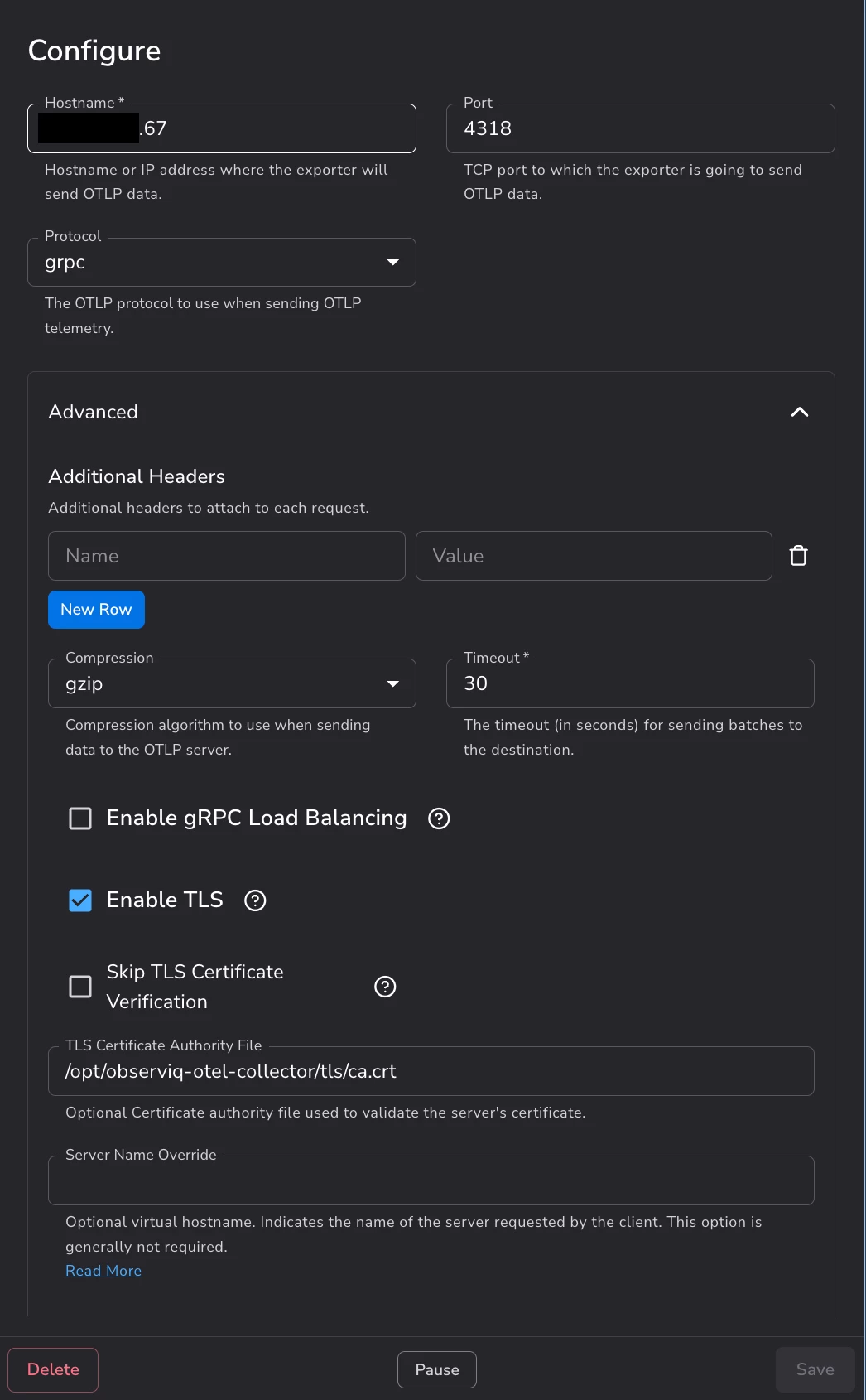 Bindplane OTel agent configuration in the edge device. The Bindplane Gateway destination specifies the hostname and port of the Bindplane OTel collector that will receive the security telemetry data. TLS is enabled, and therefore the traffic is encrypted between the two hops.