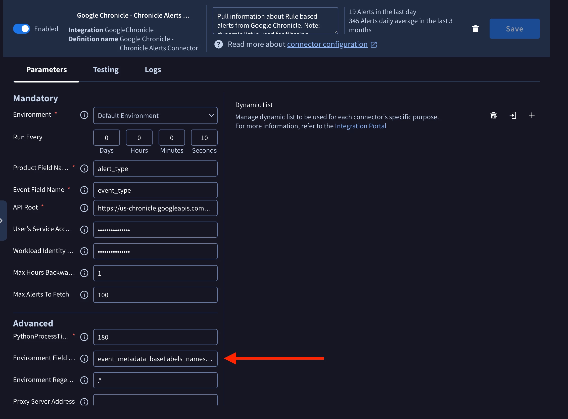 Chronicle Alerts Connector in SOAR with the Environment Field Name parameter highlighted at its default event_metadata_baseLabels_namespaces_1.