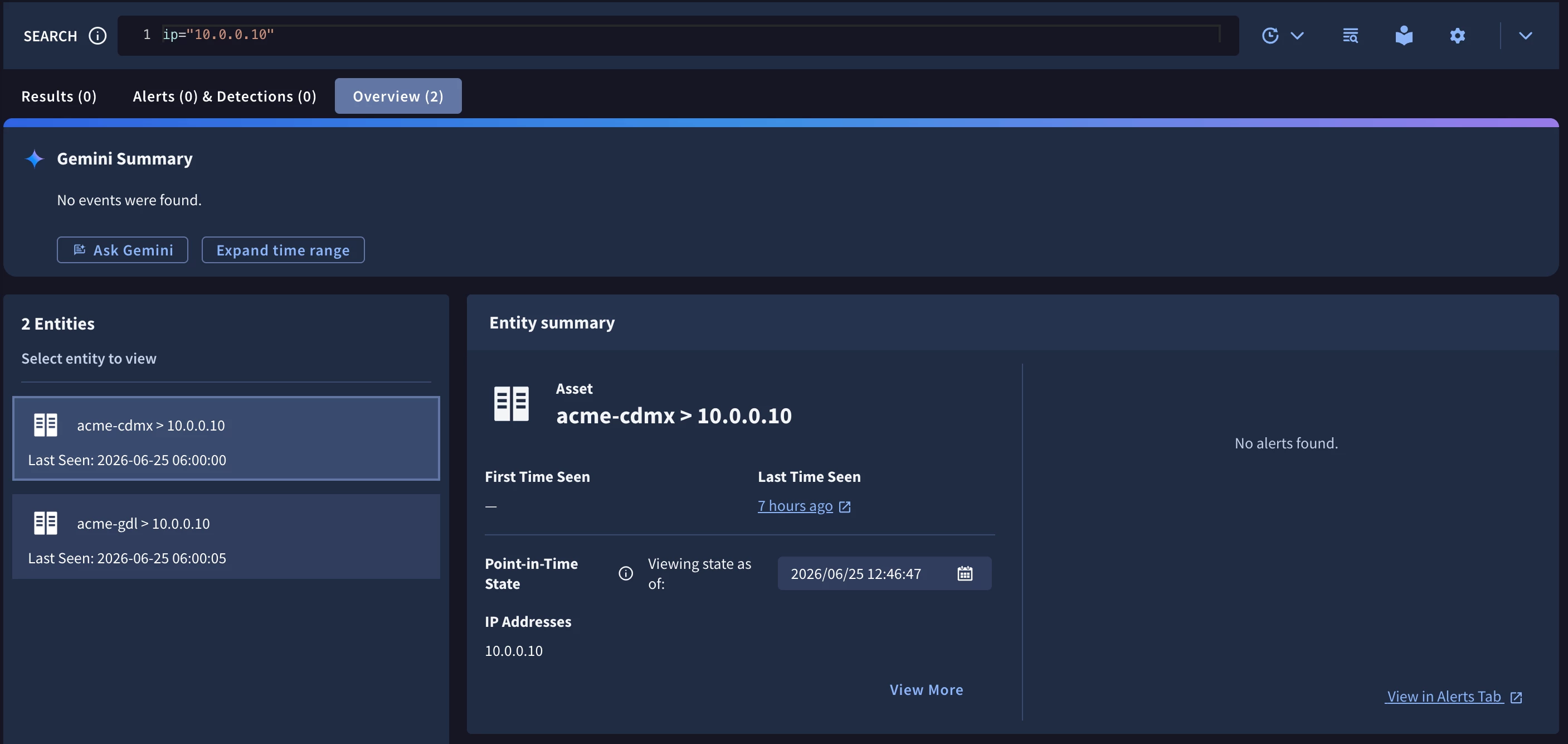 Live Google SecOps Overview for IP 10.0.0.10 showing two Asset entities, one per namespace (acme-cdmx and acme-gdl).