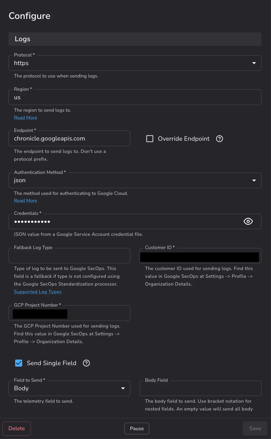 Bindplane OTel agent configuration in the gateway. The Google SecOps destination is using key-based authentication (Authentication Method=json), which is insecure. However, the gateway lives in trusted infrastructure. The operator accepts the risk that an internal compromise can expose the long-lived auth.json service account used to authenticate on the Chronicle API endpoint. Using Workload Identity Federation (Authentication Method=auto) can mitigate the risk of exposing the long-lived credential completely.