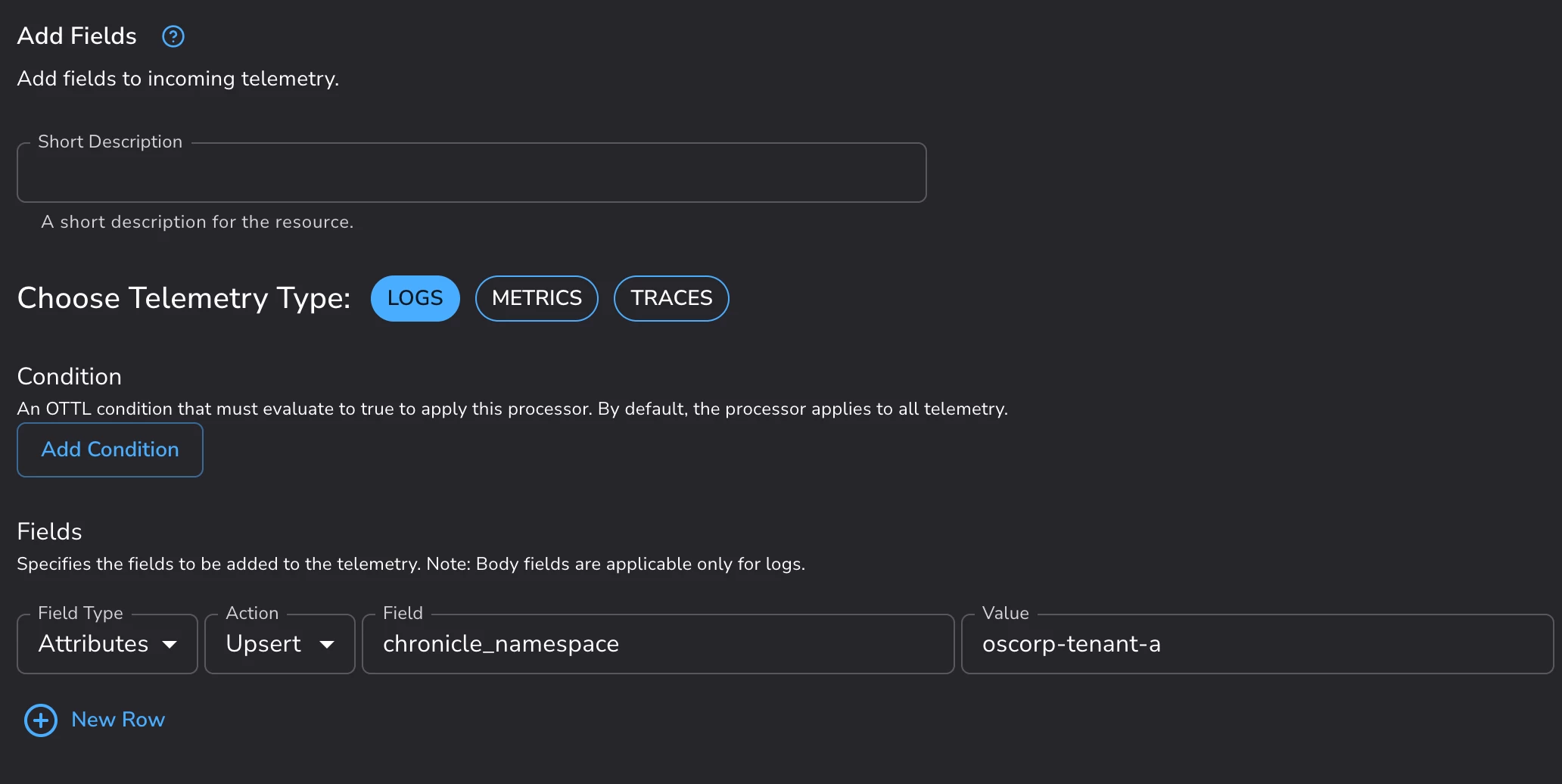 The Bindplane Add Fields processor configured to stamp the namespace. Field Type is Attributes, Action is Upsert, the field is chronicle_namespace, and the value is the tenant slug oscorp-tenant-a.