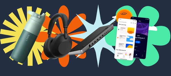 holiday gift guide with water bottle, headphones, and colorful background