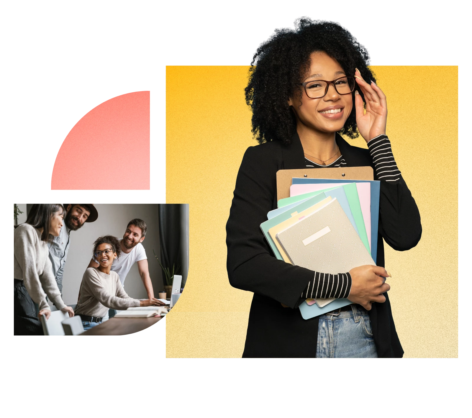 Person in a black sweater smiling holding their glasses to their face with one hand and notebooks against their body with the other hand, another image has a group of smiling people collaborating. Graphic elements include abstract pink and yellow shapes.