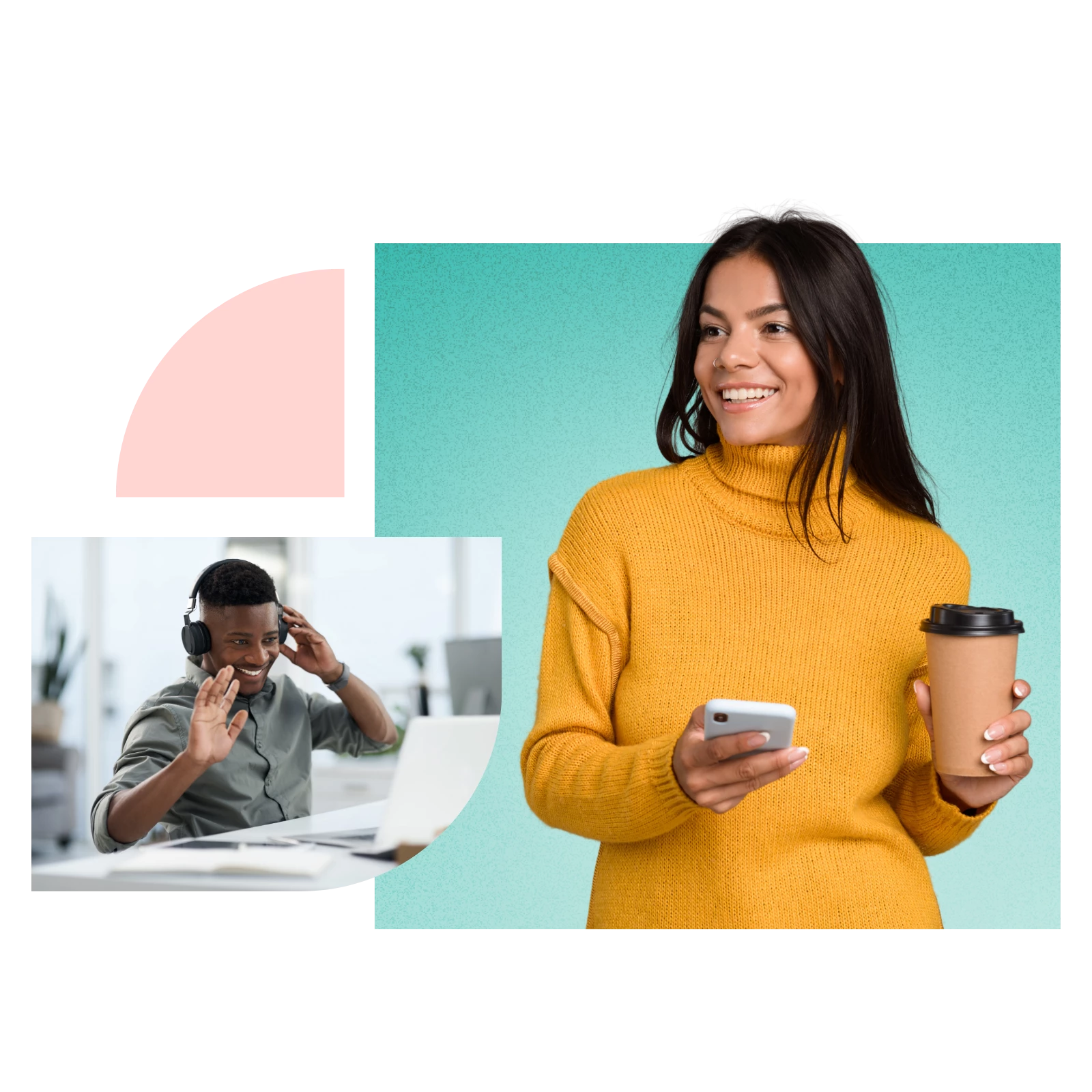 Person in a yellow sweater smiling and holding coffee and smartphone, with another smiling person wearing headphones and sitting at a laptop in the background. Graphic elements include abstract pink and teal shapes.