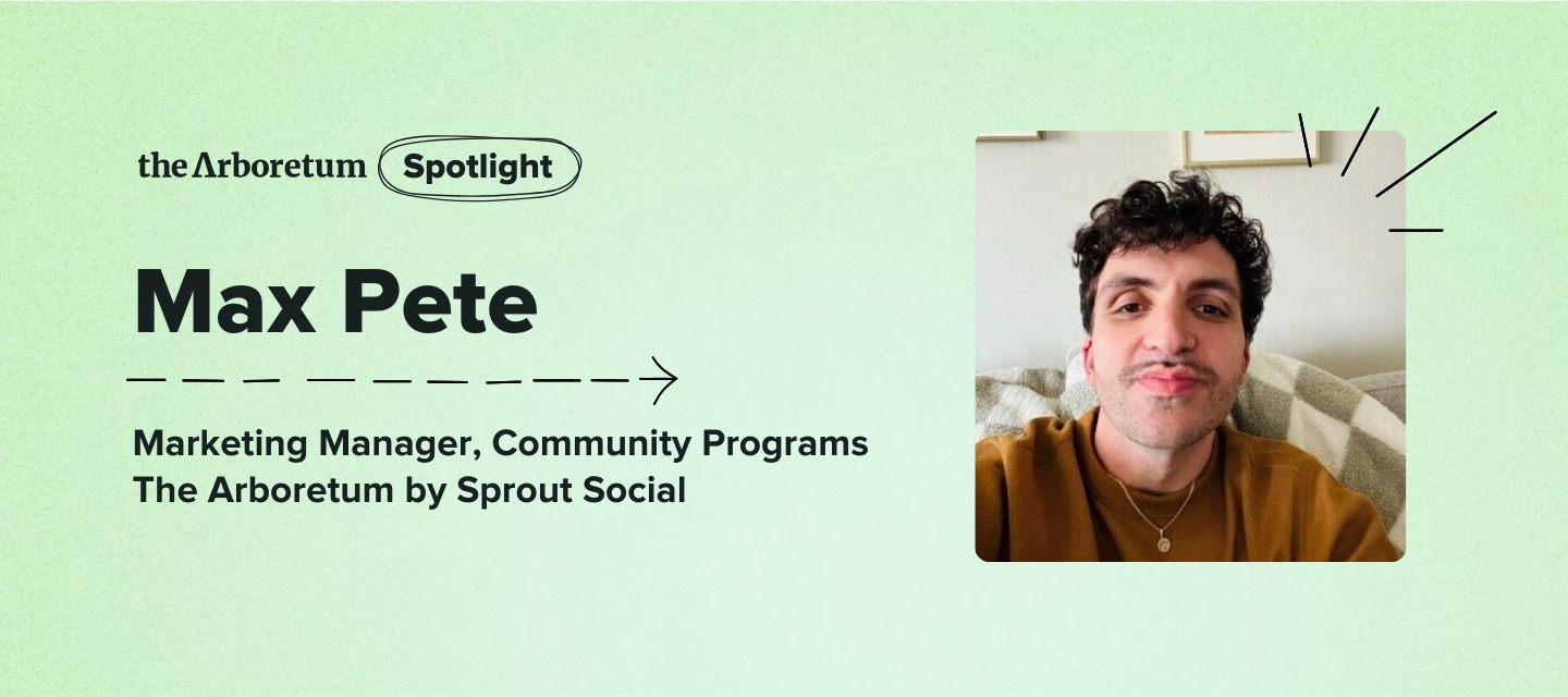 A design introducing a smiling Max Pete as The Arboretum Spotlight, and new Community Programs Manager