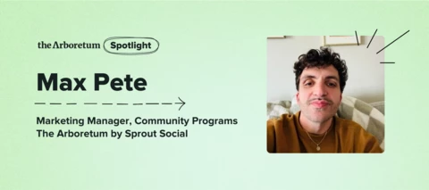 A design introducing a smiling Max Pete as The Arboretum Spotlight, and new Community Programs Manager