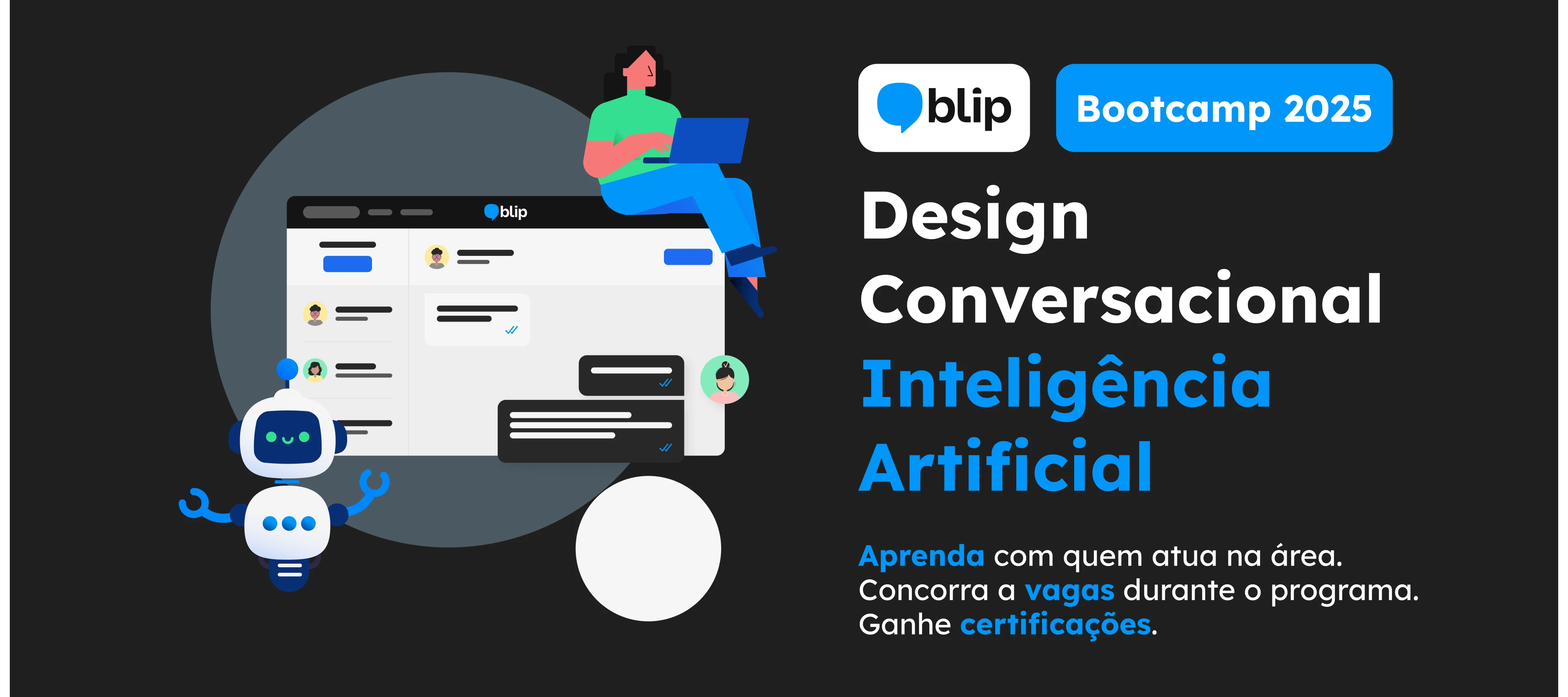 Imagem com elementos flat, marca blip e um texto falando sobre design conversacional e inteligência artificial
