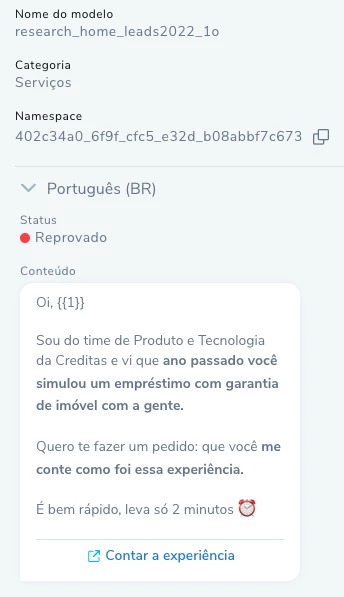 Template reprovado na Blip, aprovado em outra plataforma