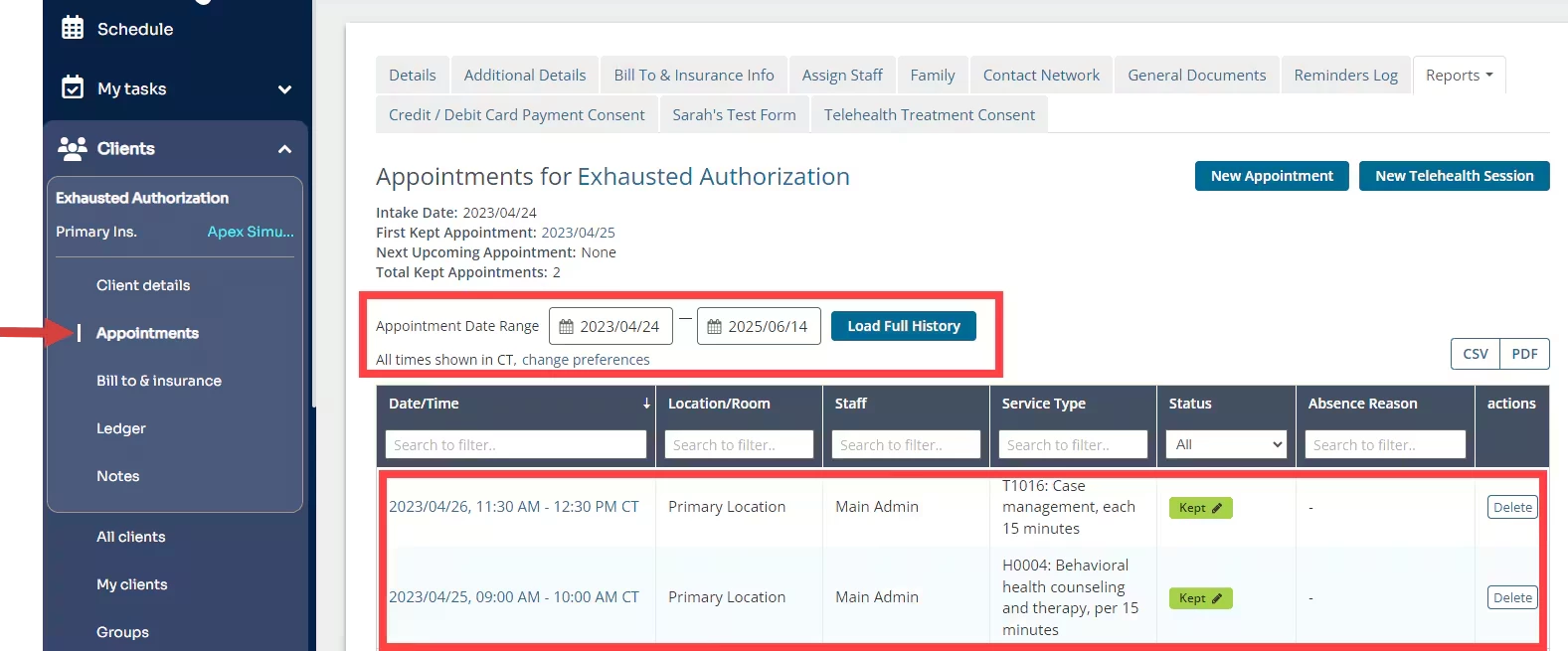 View Client Appointment History | Ensora Experience